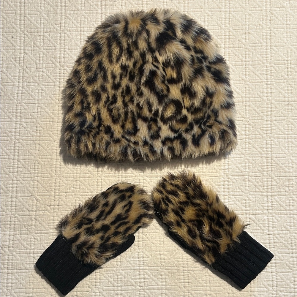 Crewcuts Furry Leopard Print Hat and Mittens